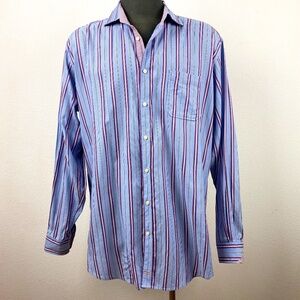 TD Thomas Dean Mens Blue Stripe Cotton Shirt XXL Long Sleeve Button Cuff Flip